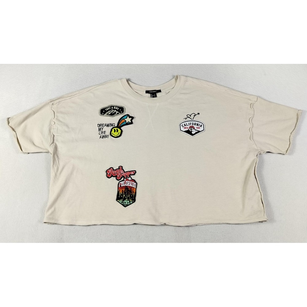 Forever 21 Shirt Womens Large Beige Crew Neck‎ Cropped Patch California Tee